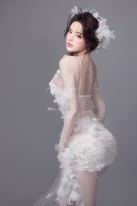 VGU No.125: Ethereal Beauty Unveiled: A Delicate Muse in White Lace and Feathers, Captivating Hearts with Angelic Grace.-2