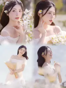 Serene Beauty: Young Woman in White Flower Field, Embracing Tranquility Under Gentle Sunlight-10