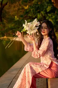 Captivating Vietnamese Beauty in Pink Ao Dai by the Lakeside at Sunset-6