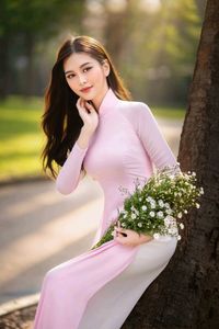 Elegant Vietnamese Woman in Pink Ao Dai Gracing a Sunny Park-1