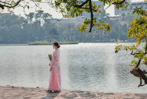 Elegant Asian Beauty: Graceful Woman in Modern Ao Dai by Serene Lakeside-5
