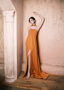 Captivating Beauty: Goddess in a Vibrant Orange Gown, Exuding Elegant Allure.-6
