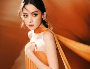 Captivating Beauty: Goddess in a Vibrant Orange Gown, Exuding Elegant Allure.-5