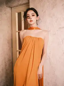 Captivating Beauty: Goddess in a Vibrant Orange Gown, Exuding Elegant Allure.-8