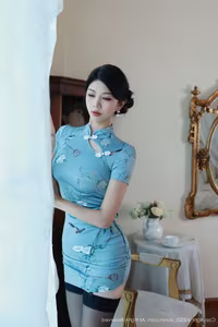 XiuRen No.10753: Mei Gui Wo Ai Ni – Graceful in Blue Cheongsam, Captivating Asian Beauty-0
