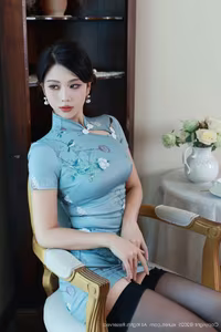XiuRen No.10753: Mei Gui Wo Ai Ni – Graceful in Blue Cheongsam, Captivating Asian Beauty-23