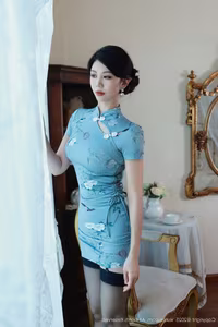 XiuRen No.10753: Mei Gui Wo Ai Ni – Graceful in Blue Cheongsam, Captivating Asian Beauty-14