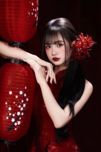 Enchanting Asian Beauty: Elegant Red Dress, Parasol and Traditional Lanterns-9