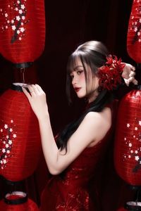 Enchanting Asian Beauty: Elegant Red Dress, Parasol and Traditional Lanterns-17