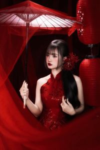 Enchanting Asian Beauty: Elegant Red Dress, Parasol and Traditional Lanterns-11