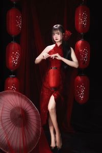 Enchanting Asian Beauty: Elegant Red Dress, Parasol and Traditional Lanterns-16