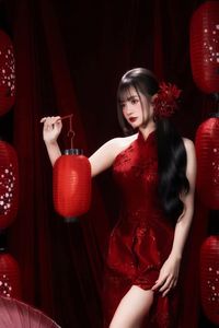 Enchanting Asian Beauty: Elegant Red Dress, Parasol and Traditional Lanterns-14
