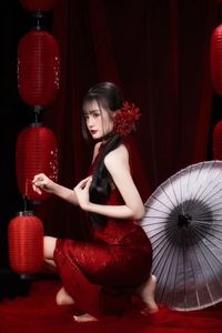 Enchanting Asian Beauty: Elegant Red Dress, Parasol and Traditional Lanterns-24