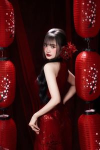 Enchanting Asian Beauty: Elegant Red Dress, Parasol and Traditional Lanterns-10
