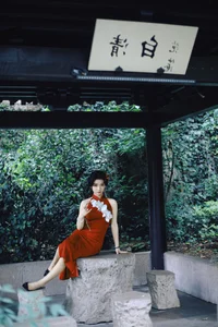 Elegant Red Cheongsam Fashion Photography: Wu Yu Cao Mei in Fushan Park | YiTuYu Art Language Vol.9329 Exclusive Collection-9