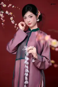 East Asian Grace: Elegant Lady in Traditional Attire & Cherry Blossoms-3
