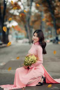 VGU No.20: Graceful Pink Ao Dai Muse Capturing Elegant Vietnamese Beauty Amidst Romantic Autumn Hues-4