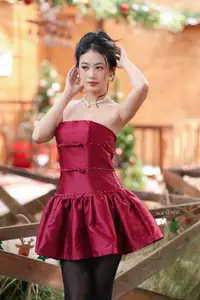 VGU No.187: Charming Woman in Red Dress Shines with Elegant Christmas Style. Discover Festive Fashion & Holiday Grace!-12