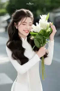 Vietnamese Schoolgirl Gracefully in Pure White Ao Dai Traditional Conical Hat and Lilies-12