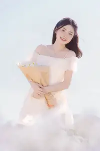 Ethereal Beauty: Young Woman in White Dress with Bouquet Amidst Dreamy Clouds-0