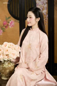 Radiant Grace in Soft Pink Silk Ao Dai: A Poetic Indochine Muse-1