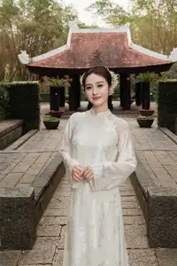 Gentle Elegance: Vietnamese Girl in Pure White Ao Dai with Hair Flowers - Traditional Beauty.-1