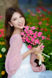 XVG No.28: Radiant beauty smiles brightly with pink roses amidst a dreamy floral landscape.-5
