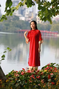 VGU No.106: Elegant Vietnamese Woman in Red by Hoan Kiem Lake, Hanoi's Traditional Beauty-3