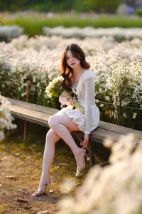 Gentle Muse in White Daisy Field: Youthful Beauty Captivating Hearts Under Golden Hour Sun-7