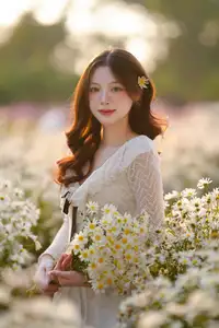 Gentle Muse in White Daisy Field: Youthful Beauty Captivating Hearts Under Golden Hour Sun-1
