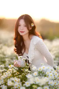 Gentle Muse in White Daisy Field: Youthful Beauty Captivating Hearts Under Golden Hour Sun-5