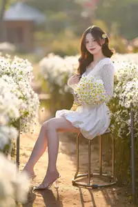 Gentle Muse in White Daisy Field: Youthful Beauty Captivating Hearts Under Golden Hour Sun-11