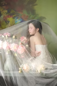 VGU No.98: Elegant Beauty in White Dress with Fresh Flowers – A Timeless Allure.-6