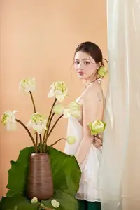 Elegant Vietnamese Muse with Gentle Lotus Flowers, Wearing Modernized Yếm Top 1000025258-2