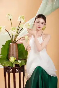 Elegant Vietnamese Muse with Gentle Lotus Flowers, Wearing Modernized Yếm Top 1000025258-5
