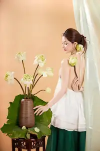 Elegant Vietnamese Muse with Gentle Lotus Flowers, Wearing Modernized Yếm Top 1000025258-7