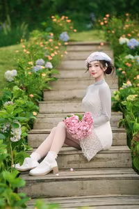 XVG No.12: Charming Girl in Elegant Lace Dress & Beret Amidst Blooming Hydrangeas Garden-4