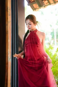 Capture the Essence of Asian Charm: Modern Red Dress with Elegant Traditional Motifs for Sophisticated Fashion Lovers-3